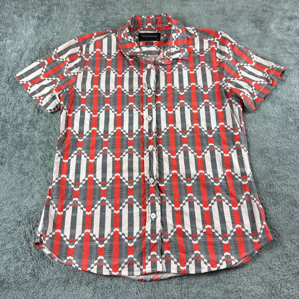 Wildfang Button Down Shirt M Red Grey Geometric Short Sleeve Cotton Top